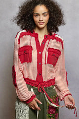 POL Texture Woven Button Down Hooded Shirt with Drawstring Hem
