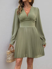 Pleated Long Sleeve V-Neck Dress