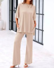 Comfort Two-Piece Lounge Set | Crew-Neck Top & Wide-Leg Pocket Pants