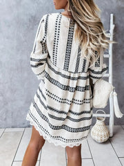 V-Neck Lace Trim Striped Babydoll Dress