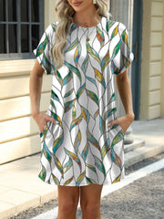 Printed Round Neck Short Sleeve Mini Dress