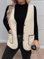 Plus Size Contrast Trim Button Up Vest Coat