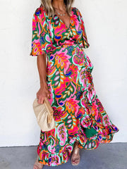 Floral Print Wrap Maxi Dress with Ruffle Details