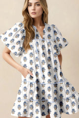 Floral Puff Sleeve Mini Dress with Pockets