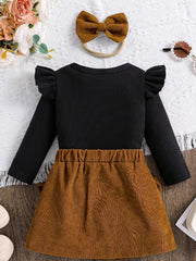 Children's Ribbed Top and Bow Skirt Set with Headband
