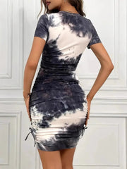 Drawstring Tie-Dye Round Neck Short Sleeve Dress