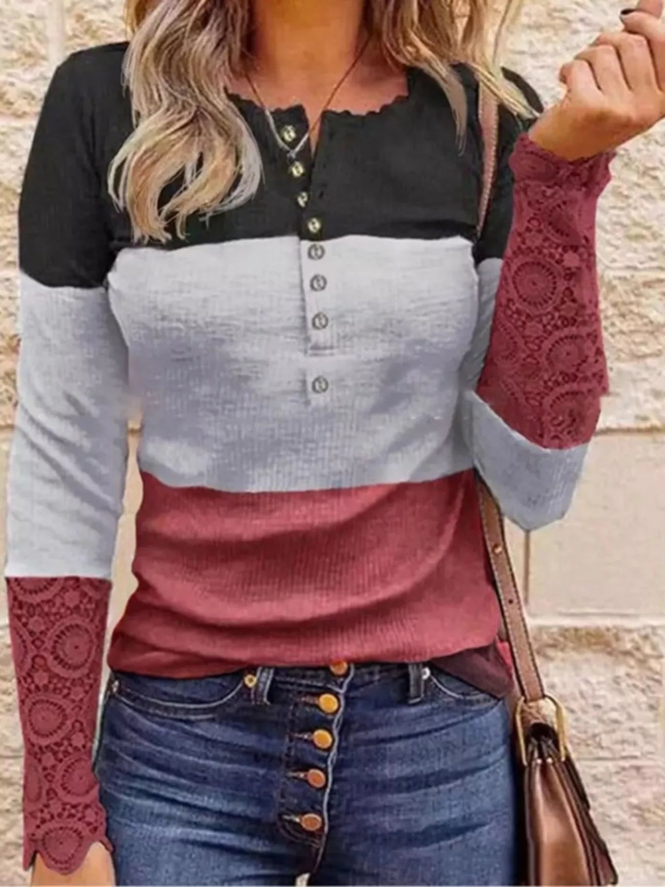 Color Block Lace Detail Half Button T-Shirt