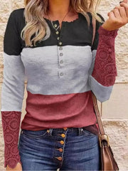 Color Block Lace Detail Half Button T-Shirt