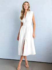 Smocked Zip Front Cap Sleeve Dress