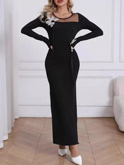 Mesh Panel Long Sleeve Maxi Dress