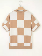 Checkered Pattern Loose Drop Shoulder Half Sleeve Sweater