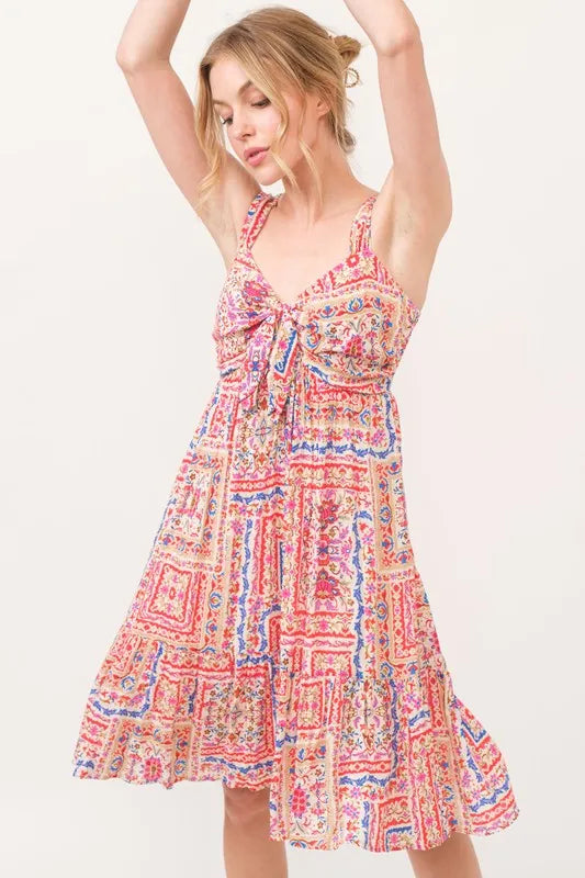 And The Why Tied Front Smocked Back Tiered Boho Printed Dress