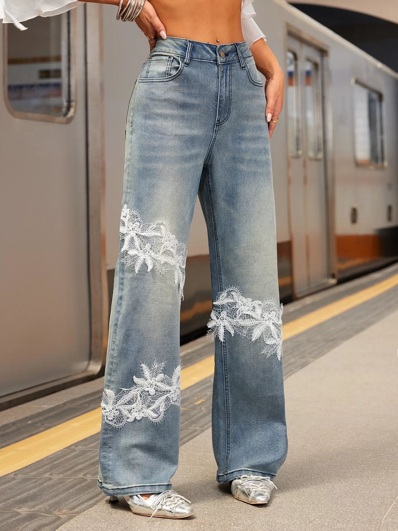 Lace Detail Wide Leg Jeans