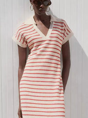 Striped Slit Short Sleeve Maxi Dress