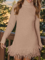 Fringe Turtleneck Long Sleeve Sweater Dress