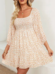 Smocked Floral Square Neck Dress