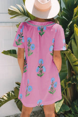 Floral Notched Summer Mini Dress with Striped Trim