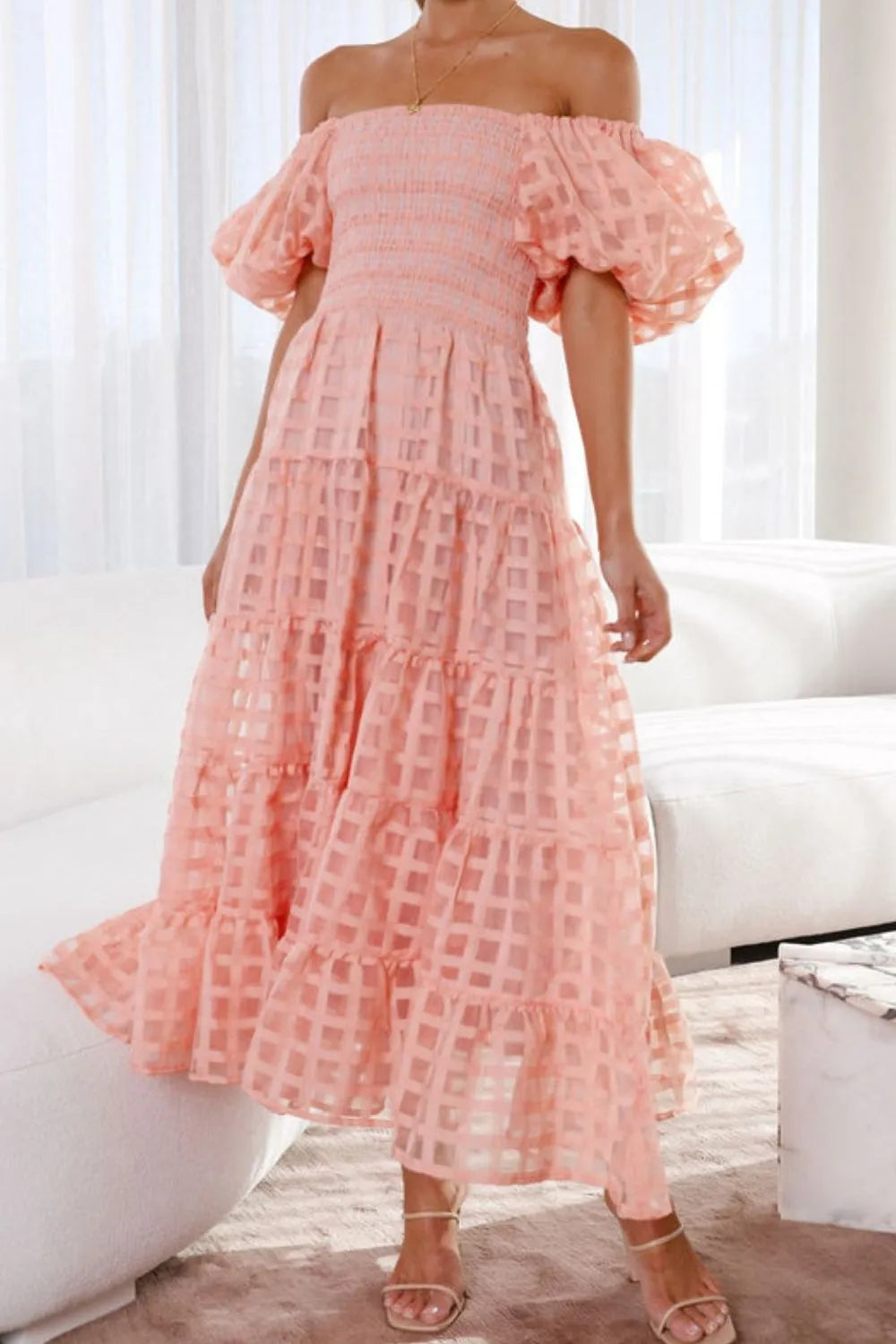 Off Shoulder Short Puff Sleeve Midi Dress