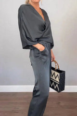 Full Size Wrap Surplice Top and Pants Set Plus Size