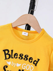 Children's Round Neck Letter Graphic T-Shirt and Distressed Jeans Set