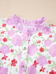 Floral Print Striped Trim Frilled Neck 3/4 Sleeve Flared Mini Dress