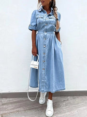 Full Size Button Down Roll-Up Sleeve Denim Shirt Dress Plus Size