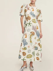Printed Round Neck Puff Sleeve Dress