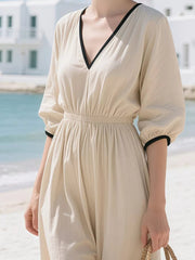 Full Size Contrast Trim V-Neck 3/4 Sleeve Dress Plus Size