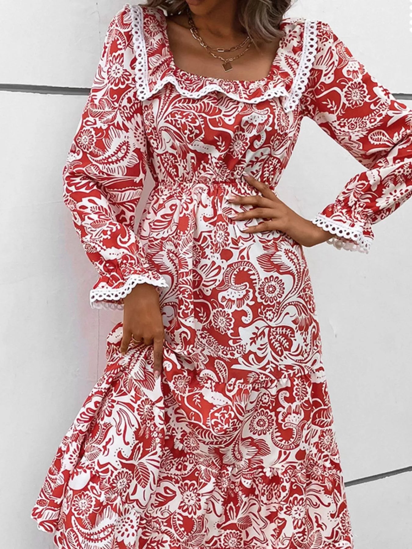 Printed Square Neck Long Sleeve Dress