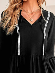 Tie-Neck Long Sleeve Mini Dress with Trim Detail