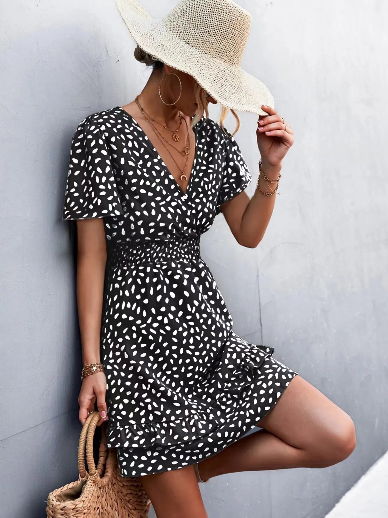 V-Neck Flutter Sleeve Mini Dress