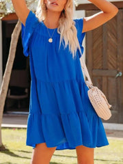 Ruffled Round Neck Cap Sleeve Mini Dress