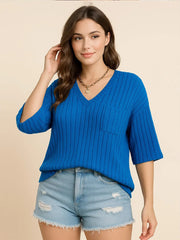 Plus Size V-Neck Ribbed Knit T-Shirt