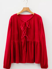 Plus Size Tie Front Velvet Peplum Blouse