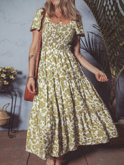 Boho Floral Square Neck Smocked Bust Puff Sleeve Tiered Dress
