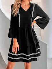 Tie-Neck Long Sleeve Mini Dress with Trim Detail