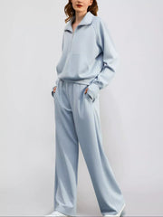 Full Size Half-Zip Sweatshirt and Wide-Leg Pants Set Plus Size