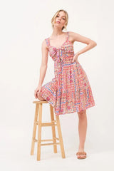 And The Why Tied Front Smocked Back Tiered Boho Printed Dress
