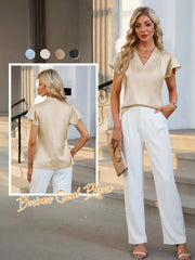 Satin V-Neck Flutter Sleeve Blouse
