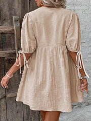 V-Neck Tie-Front Mini Dress with Puff Sleeves