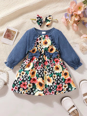 Children's Ruffled Bow Contrast Floral Dress with Headband