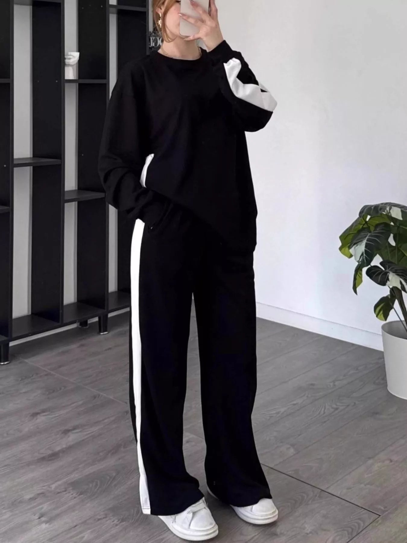 Full Size Contrast Round Neck Top and Pants Set Plus Size