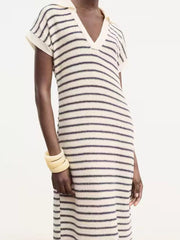 Striped Slit Short Sleeve Maxi Dress