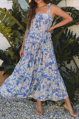 Floral Print Self-tie Straps Flowy Ruffle Dress