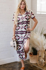 Aztec Print V-Neck Midi Dress