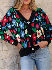 Floral Print V Neck Buttoned Cardigan