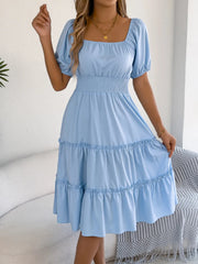 Square Neck Short Puff Sleeve Dress