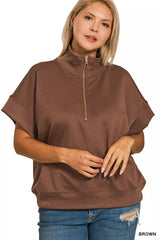 Zenana Full Size Scuba High Neck Half Zip Short Sleeve Top Plus Size