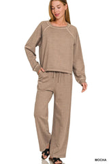 Zenana Washed F/terry Round Neck Pullover & Pants Set