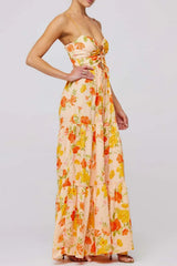 Floral Print Tie Front Tiered Maxi Dress